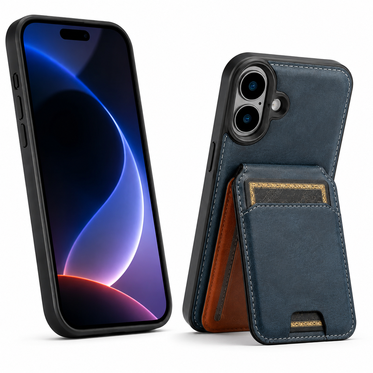 Premium Navy Leather Wallet Cover for Apple iPhone 16 Shockproof Protective Mobile Case