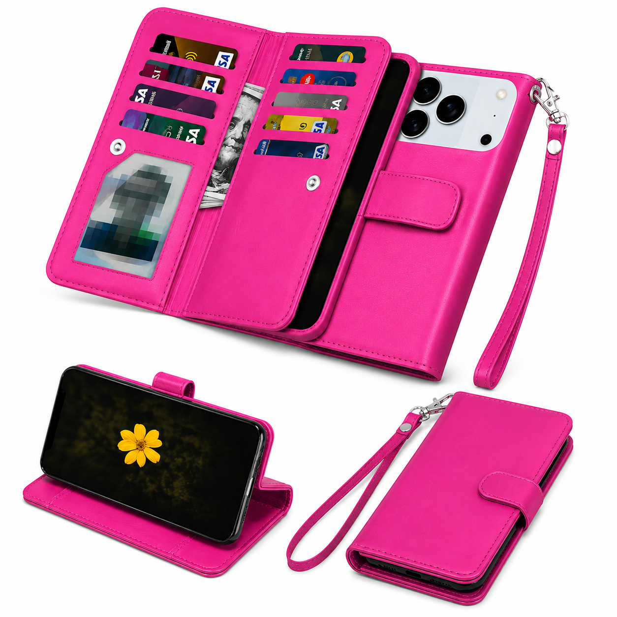 Hot Pink iPhone 17 Pro Max Case, Luxury Wallet Phone Case, Card Holder Flip Case, Protective Smartphone Cover, Wireless Charging Compatible Case
