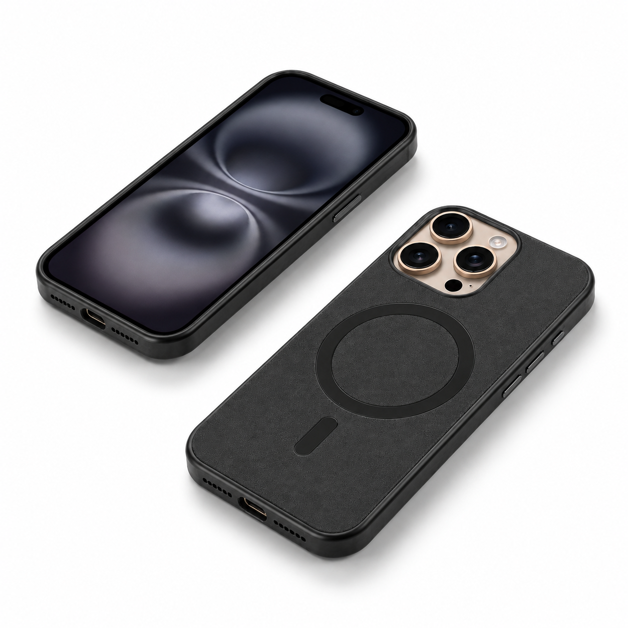 Black soft-touch mobile cover with raised camera protection for iPhone 12