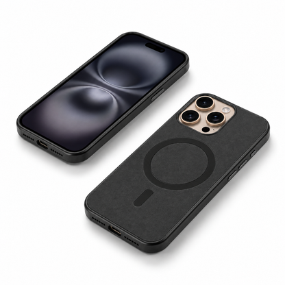 Black soft-touch mobile cover with raised camera protection for iPhone 12