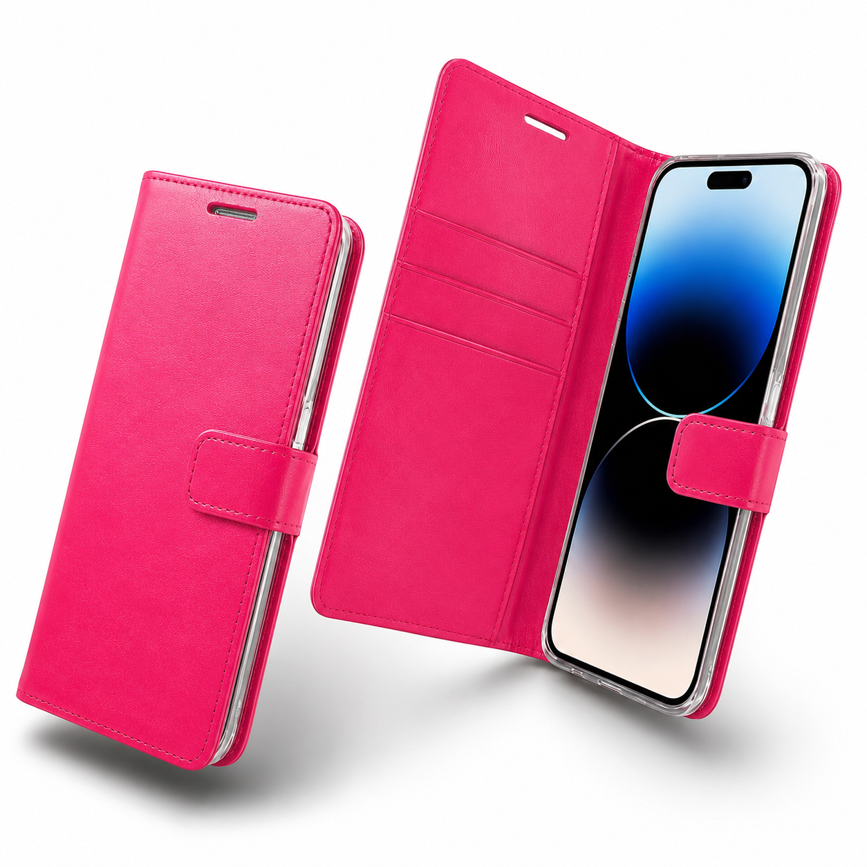 Hot pink iPhone 17 card holder case with viewing stand and camera protection