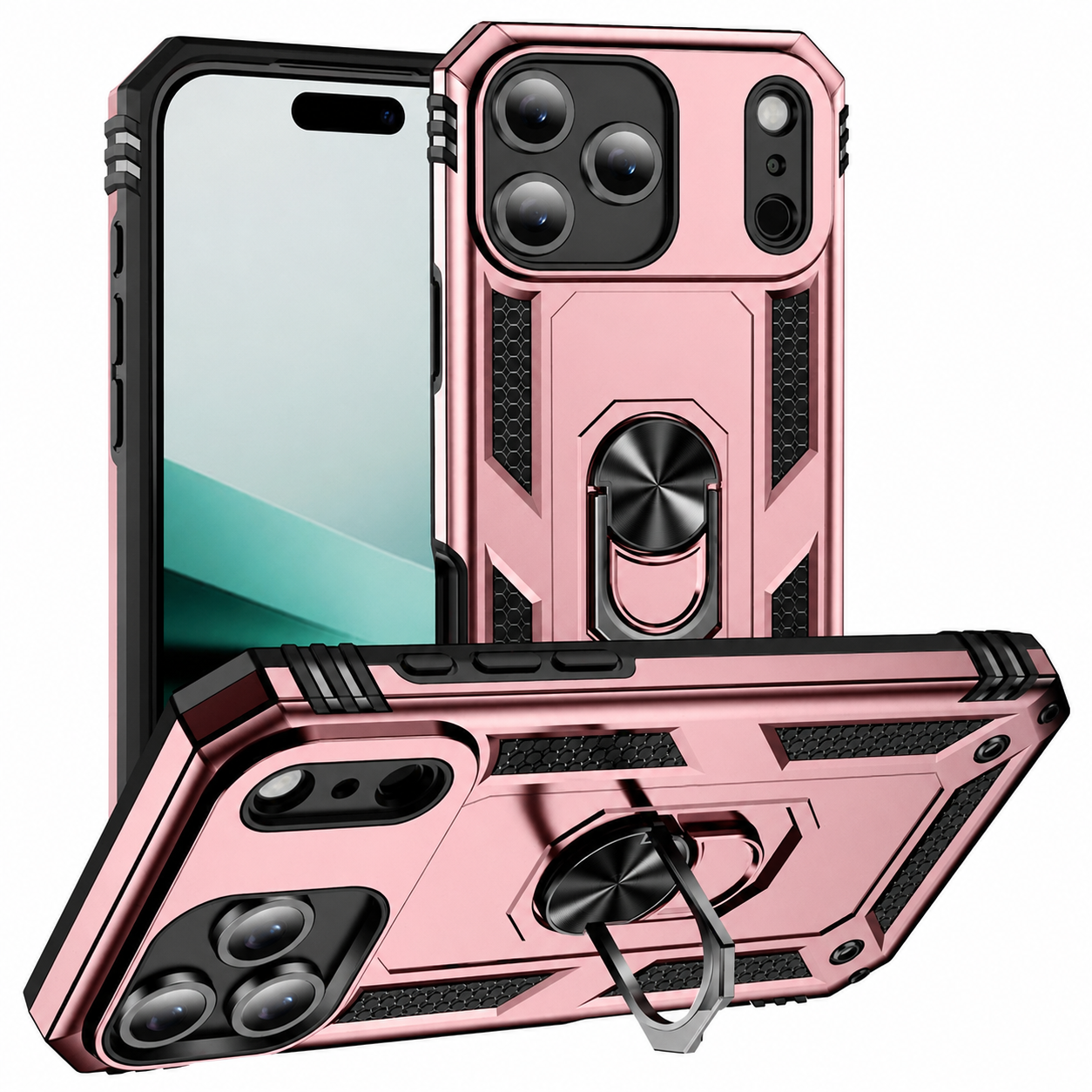 Rose Gold Anti-Drop Hybrid Case for Apple iPhone 17 Pro Max with Shockproof Phone Case, Ring Holder, and Kickstand Design