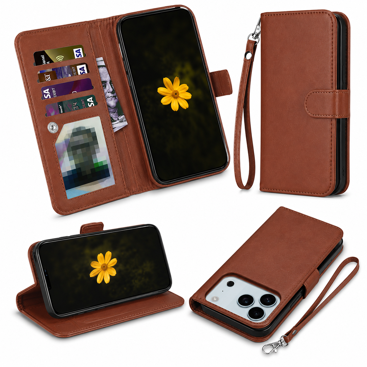 Apple iPhone 17 Pro Max Brown Wallet Case with Kickstand, Magnetic Flip Cover, Card Slots