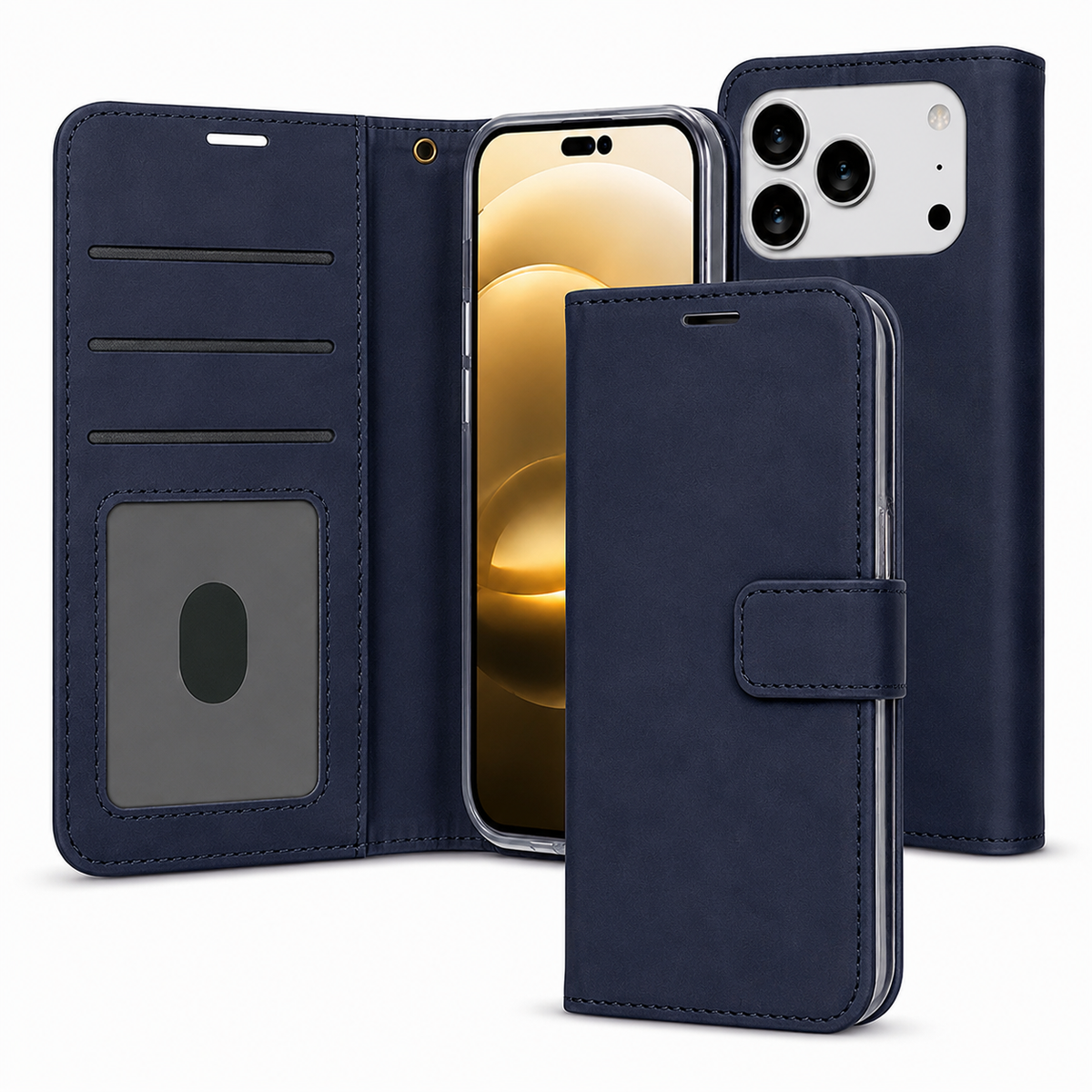Premium Navy Leather Folio Wallet Case for Apple iPhone 17 Pro Max Protective Phone Cover