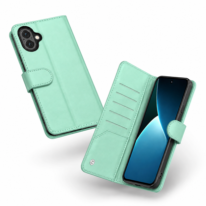 Teal iPhone 17 detachable wallet case with cash pocket and camera protection