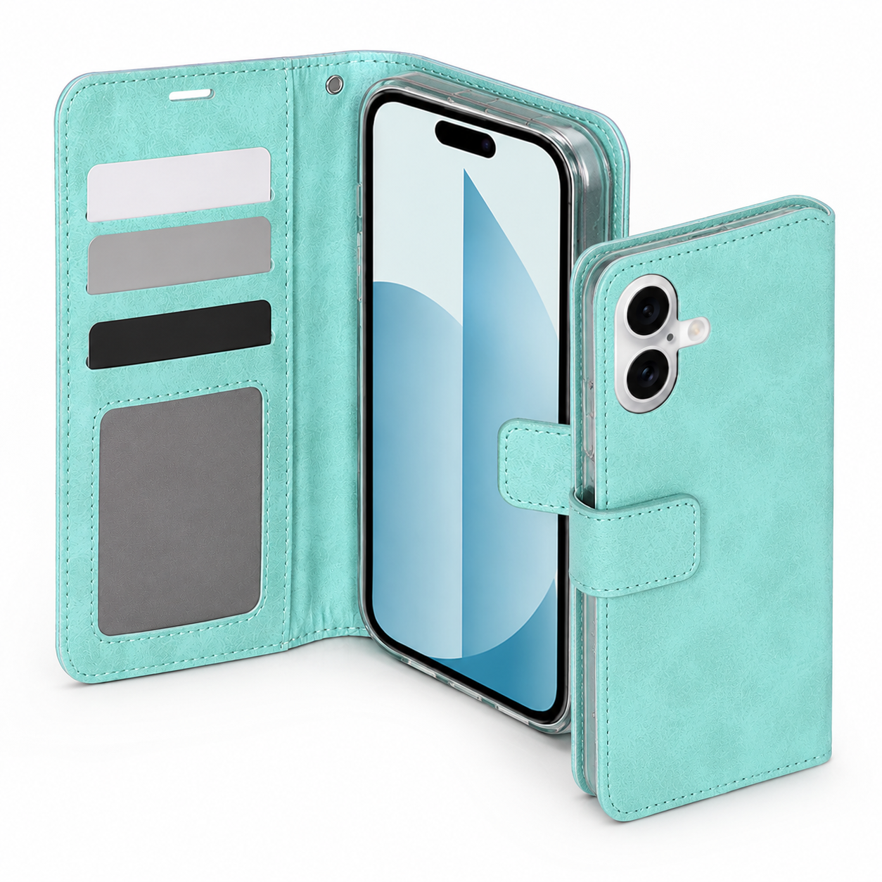 Premium teal leather-style card holder case for Apple iPhone 17
