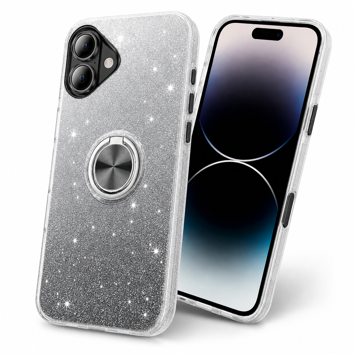 Apple iPhone 16 black glitter phone case with rotating ring holder