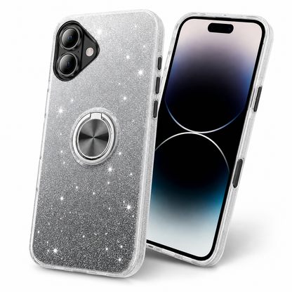 Apple iPhone 16 black glitter phone case with rotating ring holder