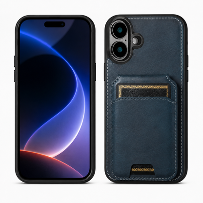 Navy Stealth Wallet Case for Apple iPhone 16 Leather MagSafe Card Holder Protective Phone Case