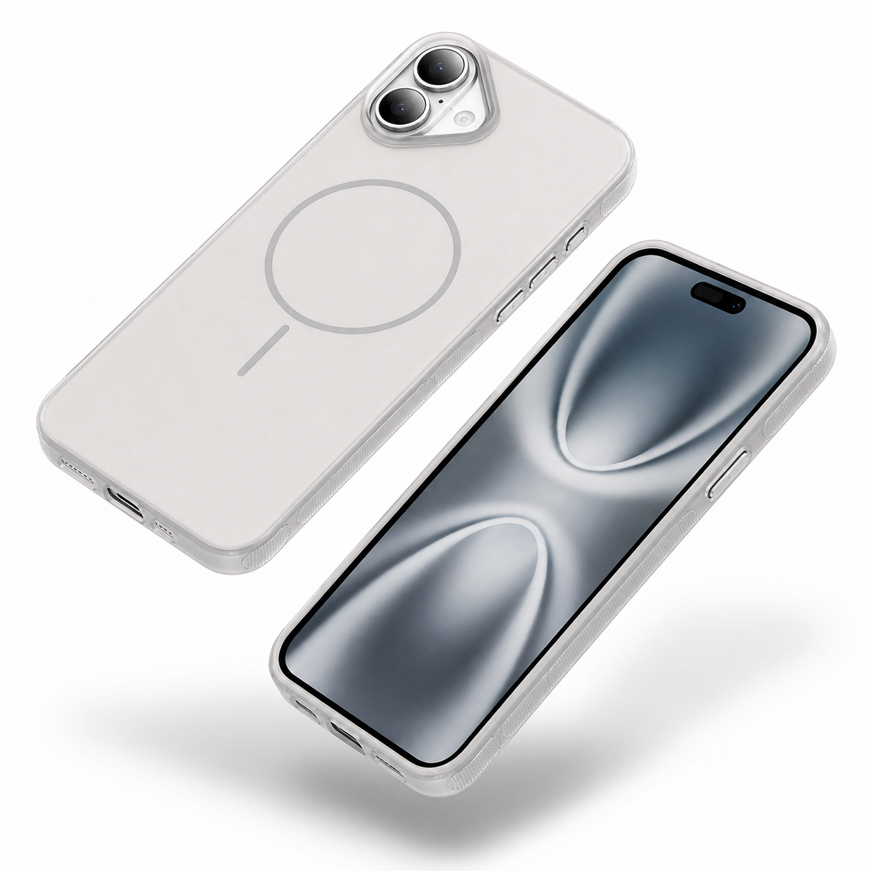 White iPhone 16 case with MagSafe magnetic ring, raised camera protection, and slim protective finish