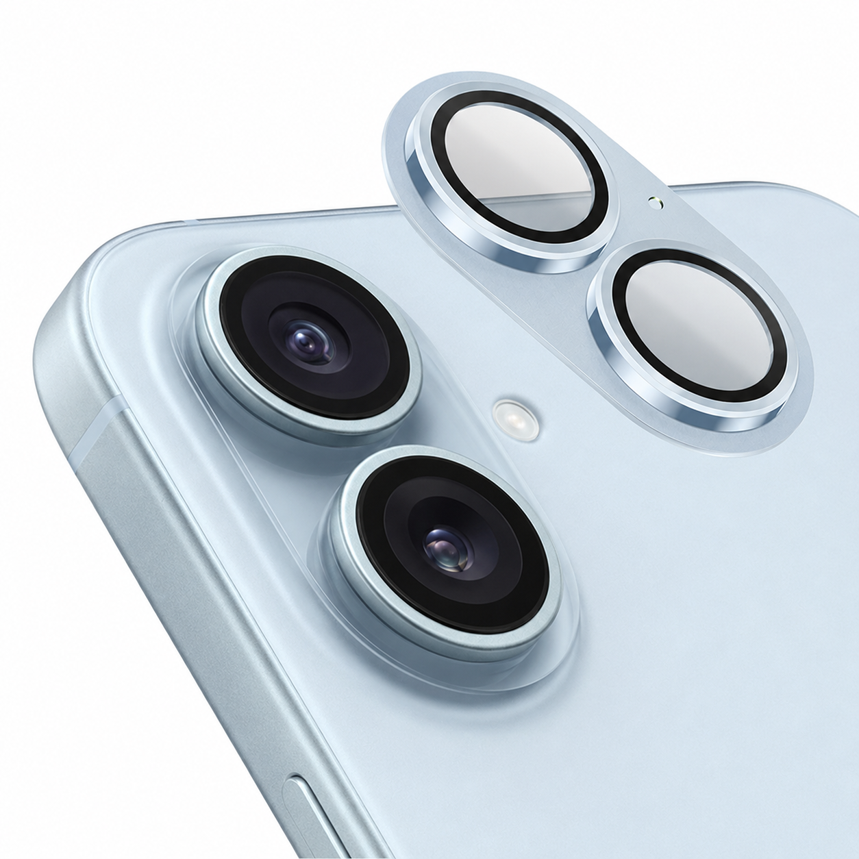 Close-up of light blue aluminium camera lens protector for Apple iPhone 17