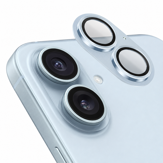 Close-up of light blue aluminium camera lens protector for Apple iPhone 17