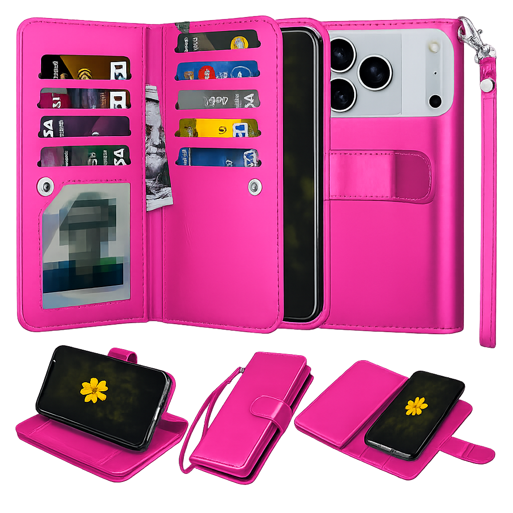 Hot Pink Bifold 9 Card Detachable Wallet Case for Apple iPhone 17 Pro, Leather Wallet Case, MagSafe Compatible Phone Cover, Shockproof Protective Case