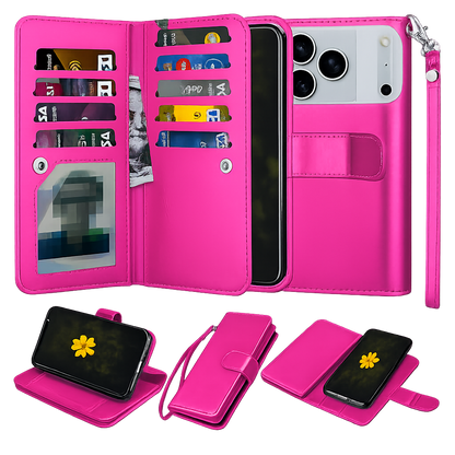 Hot Pink Bifold 9 Card Detachable Wallet Case for Apple iPhone 17 Pro, Leather Wallet Case, MagSafe Compatible Phone Cover, Shockproof Protective Case