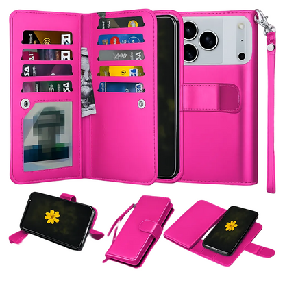 Hot Pink Bifold 9 Card Detachable Wallet Case for Apple iPhone 17 Pro, Leather Wallet Case, MagSafe Compatible Phone Cover, Shockproof Protective Case