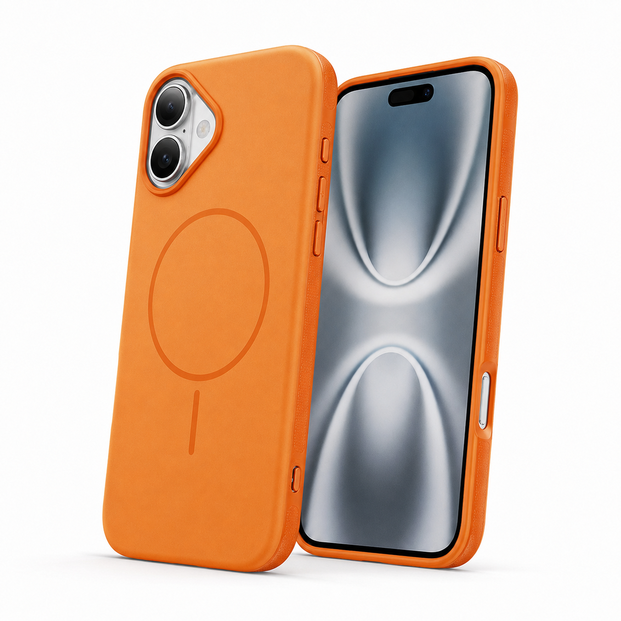 Orange iPhone 16 case with MagSafe magnetic ring, raised camera protection, and slim protective design