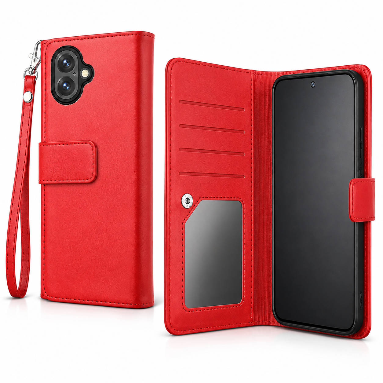 Shockproof red leather-style wallet cover for Apple iPhone 17