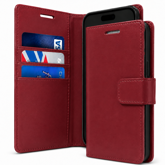 BlueMoon Diary Wallet Case for Apple iPhone 17 Pro Max Wine Leather Flip Folio Phone Case