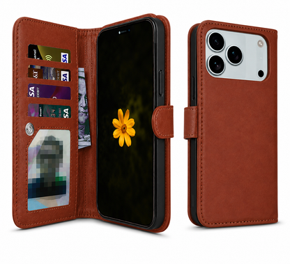 Brown Bifold Phone Case for Apple iPhone 17 Pro, Leather Wallet Cover, Shockproof Case