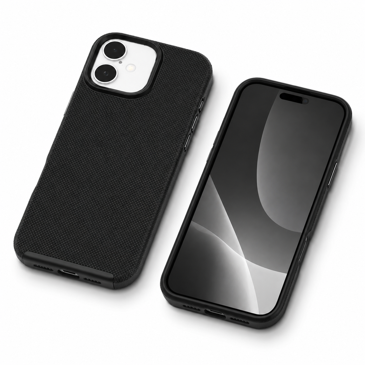 Black iPhone 16 cover with raised anti-slip dotted texture