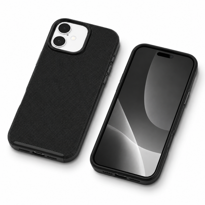 Black iPhone 16 cover with raised anti-slip dotted texture