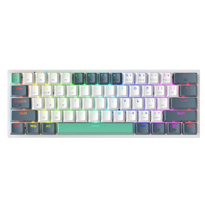 future tech gadgets Canada. premium tech accessories Canada. Machenike K500-B61W Tri-mode Mechanical Keyboard. Gallery image 1. The keyboard is displayed from a top-down view, centered in the frame against a seamless white background. It features a compact layout with a mix of white and dark gray keycaps, some of which are illuminated in various colors, creating a vibrant effect. The keys have a matte finish, while the body has a glossy appearance.