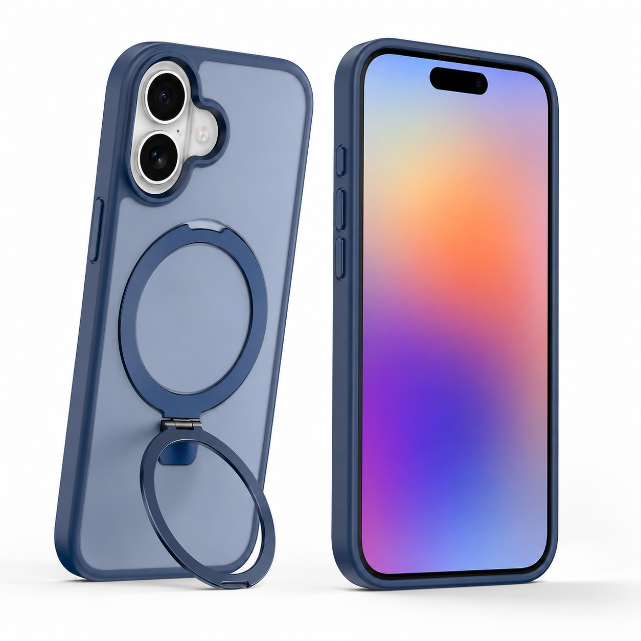 iPhone 17 blue protective phone case with transparent magnetic ring design