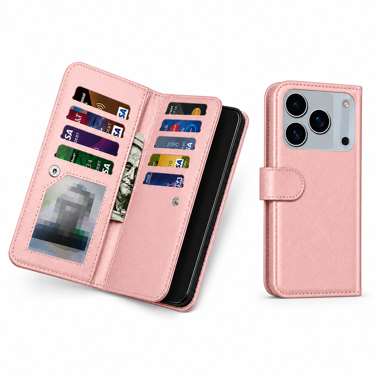 Apple iPhone 17 Pro Max Bifold Wallet Case in Rose Gold with Kickstand, Card Slots, Shockproof Cover