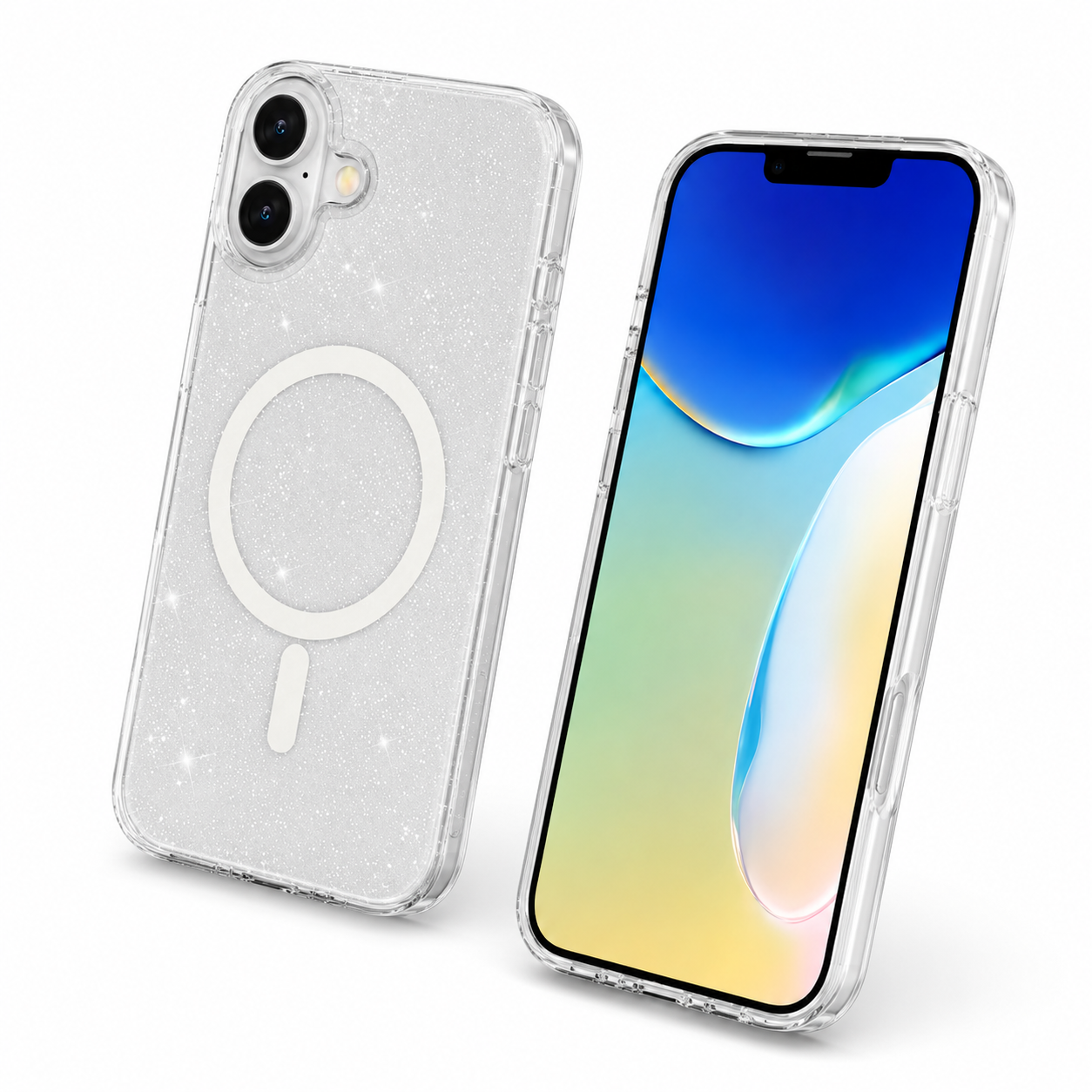 Clear Glitter iPhone 16 Case with MagSafe Compatible Ring Shockproof Mobile Cover
