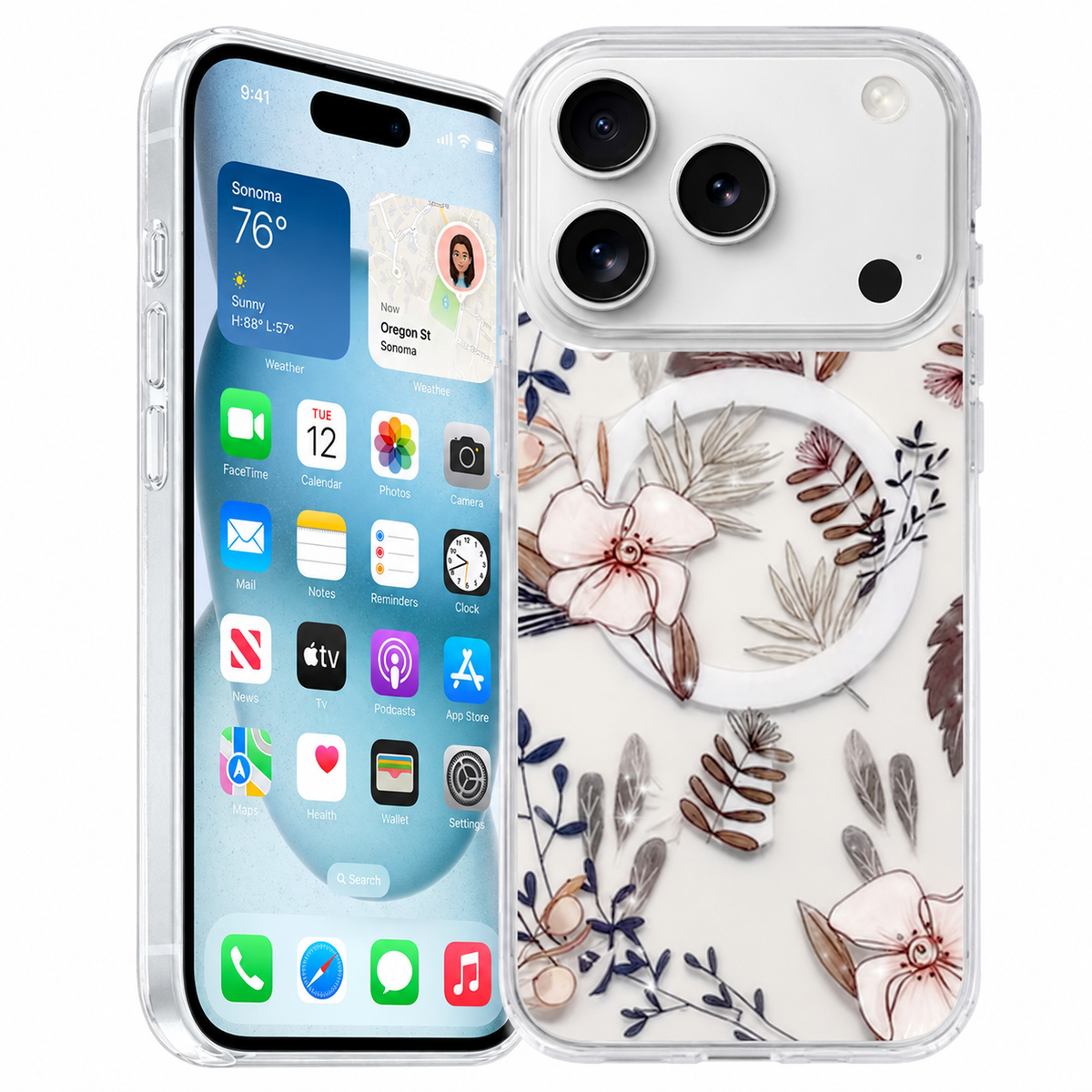 MagSafe Floret Floral iPhone 18 Pro Max Case transparent white protective phone case front and back view