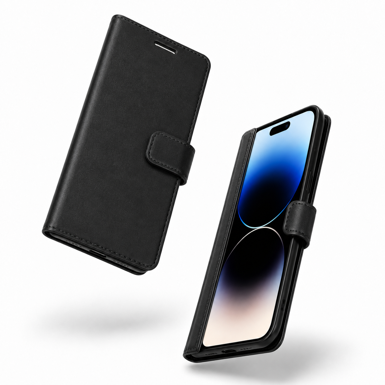 Black iPhone 17 card holder case with viewing stand and camera protection