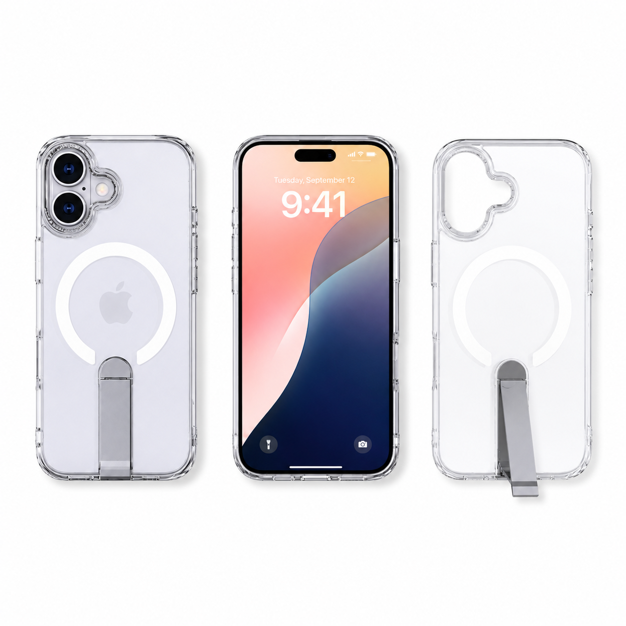 Clear Kickstand Phone Case for Apple iPhone 16, Military Grade Protective Case, MagSafe Compatible Cover, Slim Mobile Case