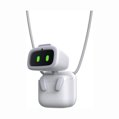 smart tech store Canada. premium tech accessories Canada. AIBI Pocket AI Companion Pet Robot. Gallery image 1. A small, white wireless earbud case is prominently displayed in the center of the image, with the earbuds partially visible. The case features a rounded design and has a subtle logo reading "AIBI" on the front. The earbuds have a playful robot-like appearance, with a black face and bright green eyes, suggesting a friendly character.