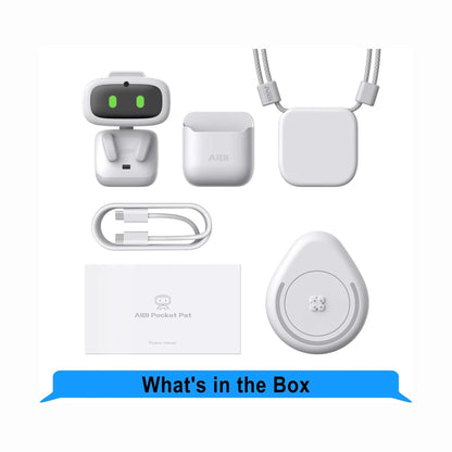 smart tech store Canada. premium tech accessories Canada. AIBI Pocket AI Companion Pet Robot. Gallery image 3. The image displays a neatly arranged collection of items included in the AIBI Pocket Pet package. Centered in the frame is a small, robot-like device with a black face and green eyes, flanked by a white charging case. Below, a white USB charging cable and a round, white wireless charging pad are visible.