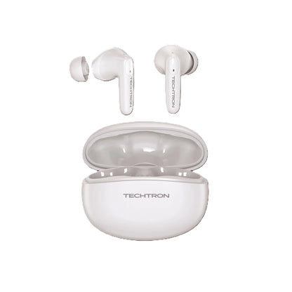 future tech gadgets Canada. premium tech accessories Canada. Techtron EP90 ENC IN-EAR Wireless Earphones. Gallery image 2. The image features a pair of wireless earbuds positioned above their charging case, which is slightly open to reveal the interior. The earbuds are white with a glossy finish and have the brand name "TECHTRON" printed in a sleek font on the side. The charging case is also white, with a smooth surface and a subtle sheen.