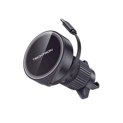 smart tech store Canada. premium tech accessories Canada. Techtron X73 15W Magsafe Charger and Car Mount Black. Gallery image 1. The product is a black circular device with a glossy finish, prominently displaying the "TECHTRON" logo in white at the center. It is angled slightly to the right, showcasing a textured grip on the side, which suggests it may be designed for mounting. A thin cable extends from the top, indicating a power connection.