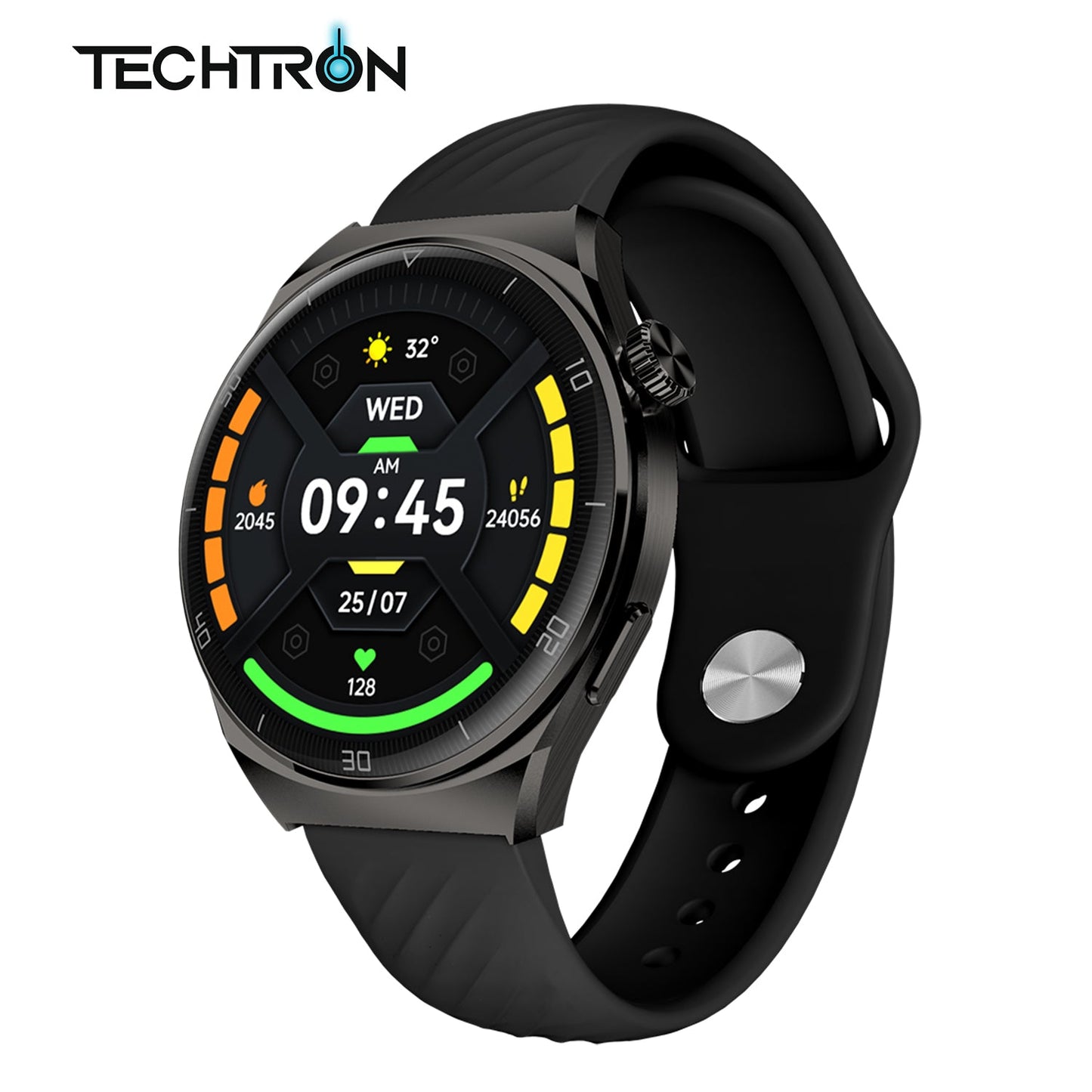 smart tech store Canada. premium tech accessories Canada. Techtron Aurafit AM05 Smart Watch. Gallery image 3. The smartwatch is angled slightly to the right, showcasing its round face and sleek design. The display features a vibrant black background with colorful icons indicating time, date, and health metrics, including a heart rate reading. The watch has a matte black body and a textured silicone strap, which is secured with a metal clasp.