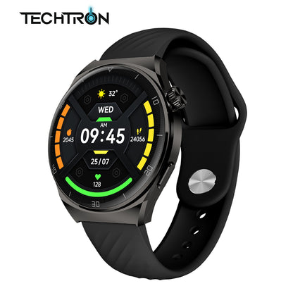smart tech store Canada. premium tech accessories Canada. Techtron Aurafit AM05 Smart Watch. Gallery image 3. The smartwatch is angled slightly to the right, showcasing its round face and sleek design. The display features a vibrant black background with colorful icons indicating time, date, and health metrics, including a heart rate reading. The watch has a matte black body and a textured silicone strap, which is secured with a metal clasp.