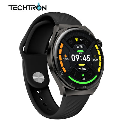 smart tech store Canada. premium tech accessories Canada. Techtron Aurafit AM05 Smart Watch. Gallery image 2. The smartwatch is prominently displayed at an angle, showcasing its round, black face and sleek metallic bezel. The screen features a vibrant digital display with various icons, including time, date, and health metrics, highlighted against a dark background. The strap is made of matte black silicone, with a textured design and a silver button on the side.