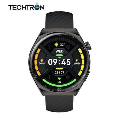 smart tech store Canada. premium tech accessories Canada. Techtron Aurafit AM05 Smart Watch. Gallery image 1. The smartwatch is centered in the frame, showcasing a round, glossy black face with a digital display. The screen features a vibrant interface displaying the time as 09:45, along with icons for weather, date, and health metrics. The watch has a black rubber strap that appears textured, and a silver crown on the right side for navigation.