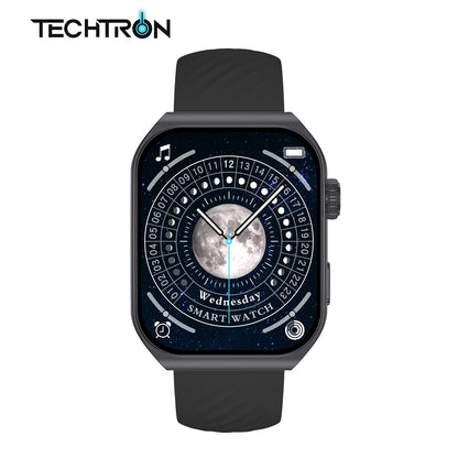 smart tech store Canada. premium tech accessories Canada. Techtron Aurafit AM10B Smart Watch. Gallery image 1. The smartwatch is centered in the frame, showcasing a round face with a dark, starry background. The display features a prominent moon graphic at the center, surrounded by a circular clock face with numbers and markings. The time is indicated by silver hands, and the word "Wednesday" is displayed below the moon, with "SMART WATCH" in a smaller font.