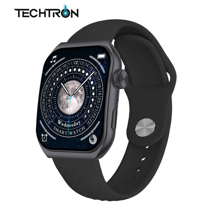 smart tech store Canada. premium tech accessories Canada. Techtron Aurafit AM10B Smart Watch. Gallery image 3. The smartwatch is prominently displayed at an angle, showcasing its rectangular face and black silicone strap. The screen features a dark, starry background with a prominent moon graphic and a circular dial indicating the time and date, with "Wednesday" and "SMART WATCH" clearly visible.