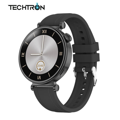 smart tech store Canada. premium tech accessories Canada. Techtron Aurafit AM23 Smart Watch. Gallery image 2. The smartwatch is positioned at a slight angle, showcasing its round face and sleek design. The watch features a glossy black bezel surrounding a brushed silver dial, which displays the time and a numeric indicator within a circular icon. The strap is made of matte black rubber, secured with a silver metal clasp.