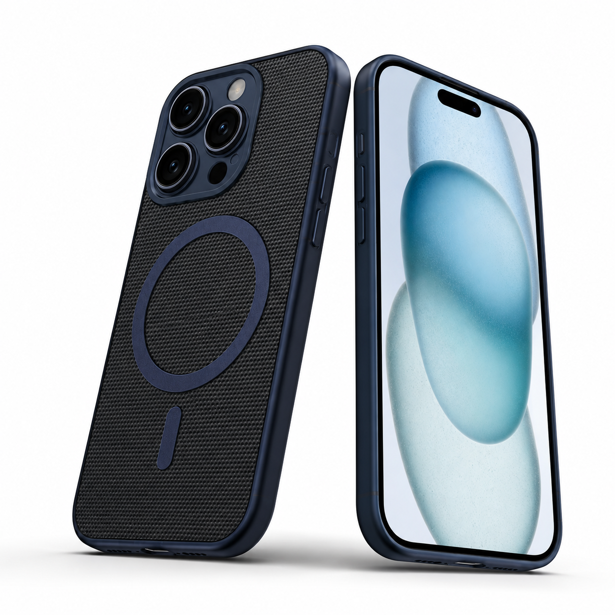 Blue MagSafe iPhone 16 Pro Max cover with textured finish and raised camera protection