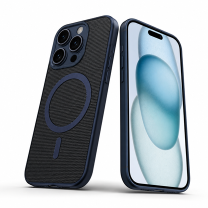 Blue MagSafe iPhone 16 Pro Max cover with textured finish and raised camera protection