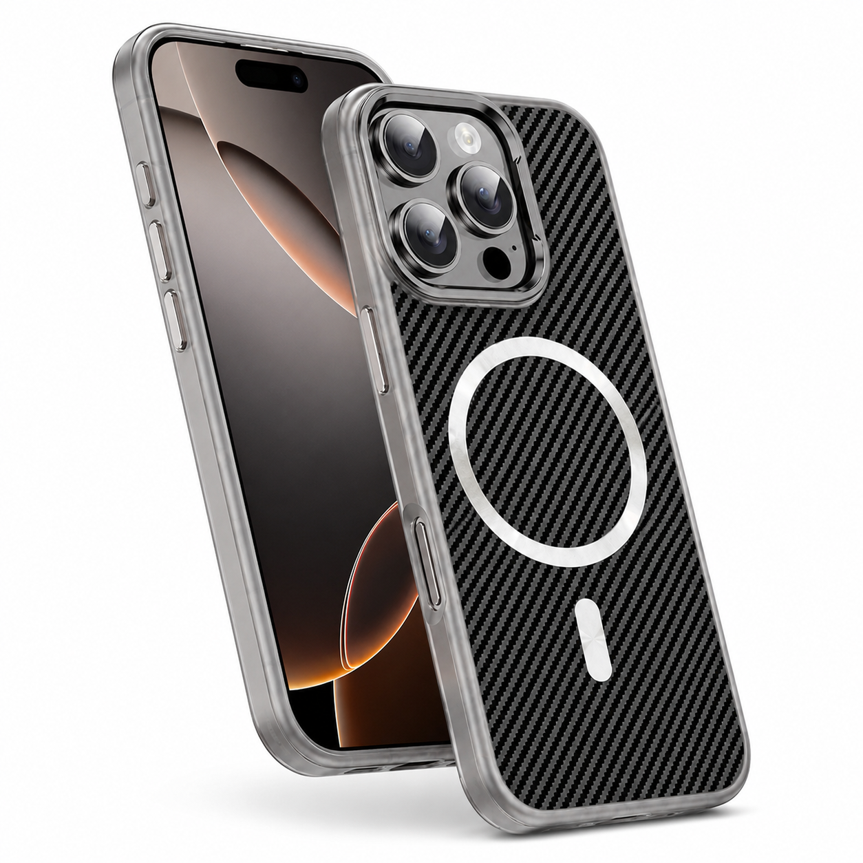 Grey iPhone 16 Pro Max case Canada with carbon-style MagSafe protection
