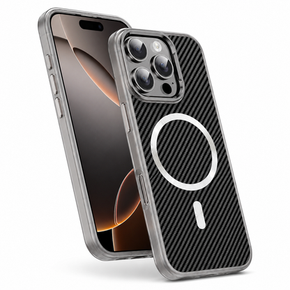 Grey iPhone 16 Pro Max case Canada with carbon-style MagSafe protection
