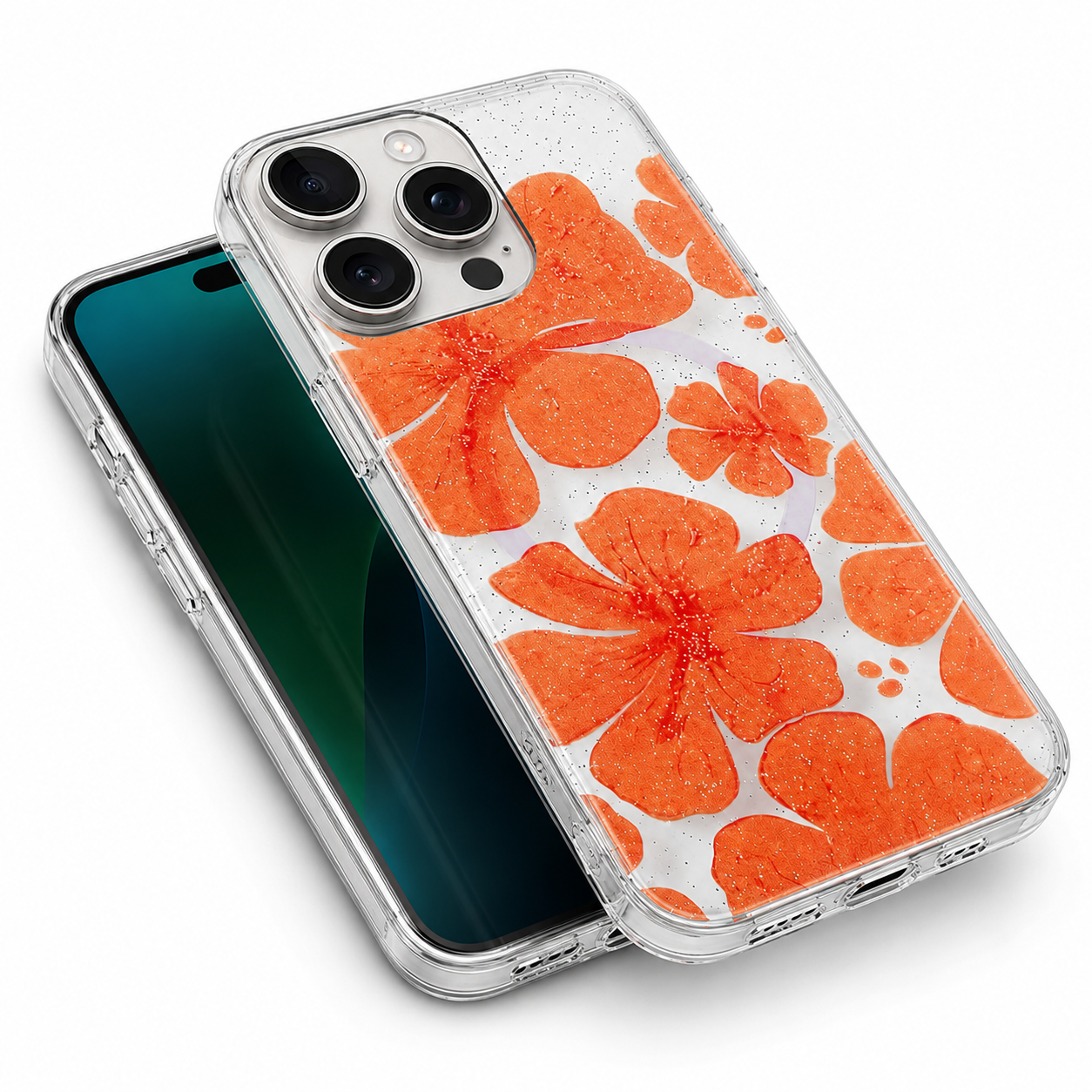 Orange iPhone 16 Pro Max case Canada with floral MagSafe protection
