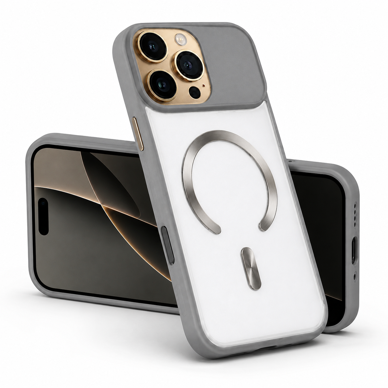 Grey MagSafe iPhone 16 Pro Max cover with raised camera and screen protection