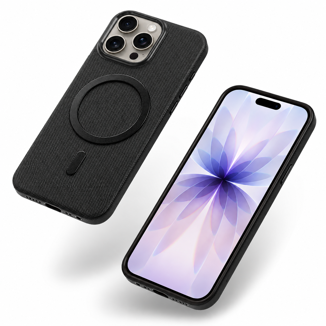Black MagSafe iPhone 16 Pro Max cover with anti-slip texture and raised camera edges